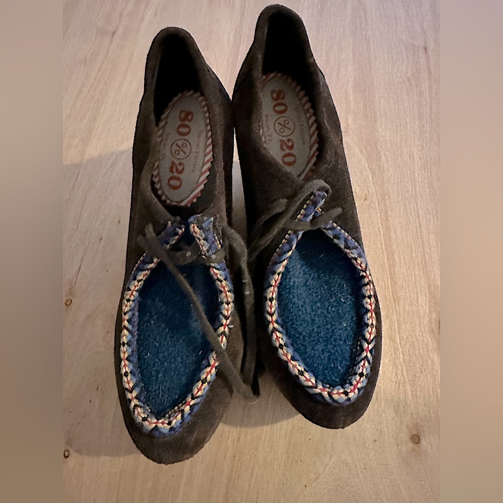 80%20 brown suede wedge shoe with blue-blankety-material inset.